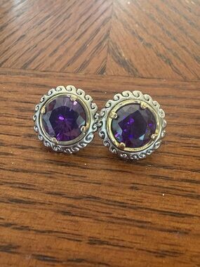 Amethyst Style Stone Scrollwork Stud Earrings